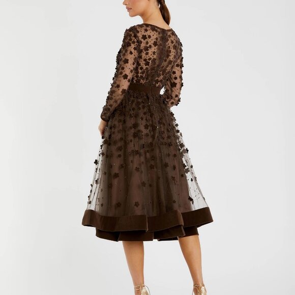 NWT | Mac Duggal Brown Embellished Illusion High Neck Long Sleeve Fit & Flare - Picture 2 of 8